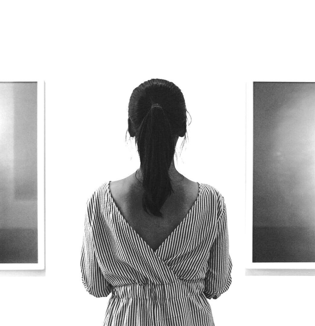 people, woman, girl, female, back, black and white, wall, indoor, photo, frame